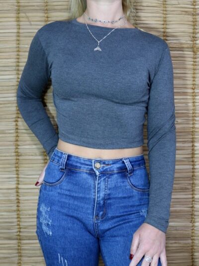Cropped Manga Longa Decote Redondo